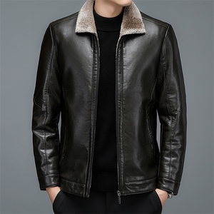 冬季新款翻领纯色上衣中年男士厚款保暖皮衣商务休闲男装外套图片