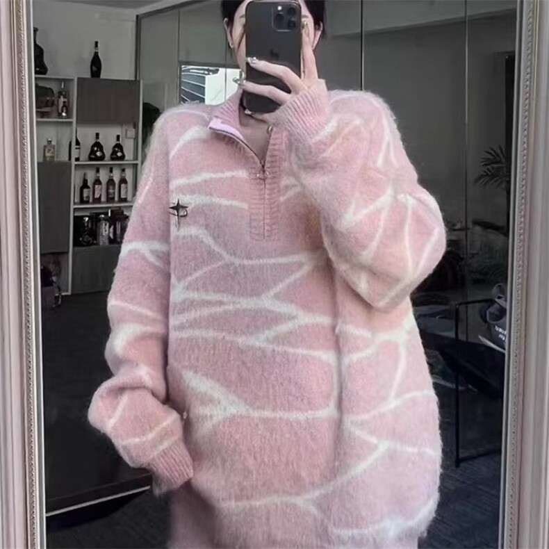 秋季慵懒风复古polo半拉链毛衣男女款情侣宽松潮牌针织衫外套,男装针织衫/毛衣,星座506A