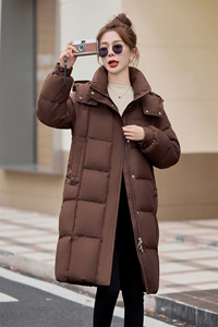 咖色连帽加厚鹅绒羽绒服女2024冬季新款宽松时尚长款过膝保暖外套图片