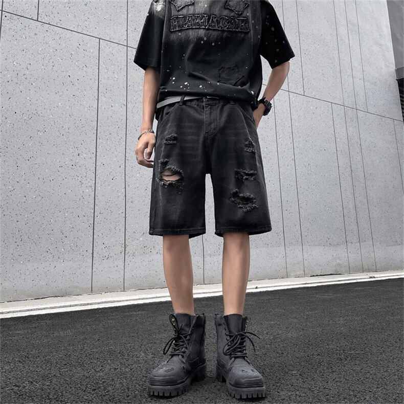 美式宽松水洗高街休闲五分裤夏季新款黑色破洞牛仔短裤YS231 P37图片