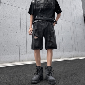 美式宽松水洗高街休闲五分裤夏季新款黑色破洞牛仔短裤YS231 P37图片