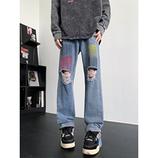 高街盖破洞牛仔裤男街头潮牌水洗直筒vibe拉链乞丐裤N01529-P45，男装牛仔裤，星座308B-1