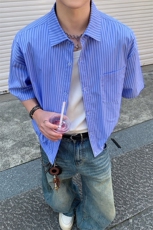 条纹短袖衬衫5X4002-TP3558夏季日系男宽松休闲衬衣青少年，男装衬衫，电商A102