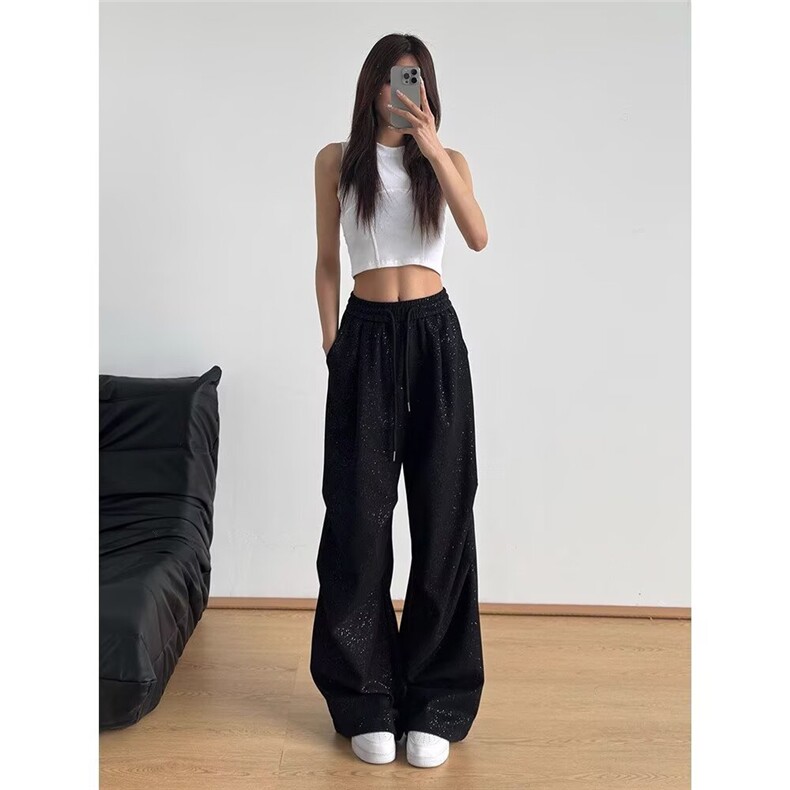 高腰休闲裤女2025春秋季新款重工烫钻满天星宽松时尚拖地阔腿裤子图片