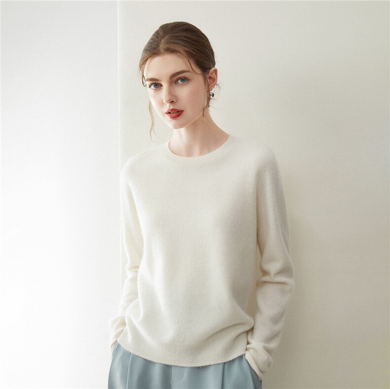 2025秋冬百搭时尚简约一线平面圆领针织羊绒衫，女装羊绒衫，米乐羊绒
