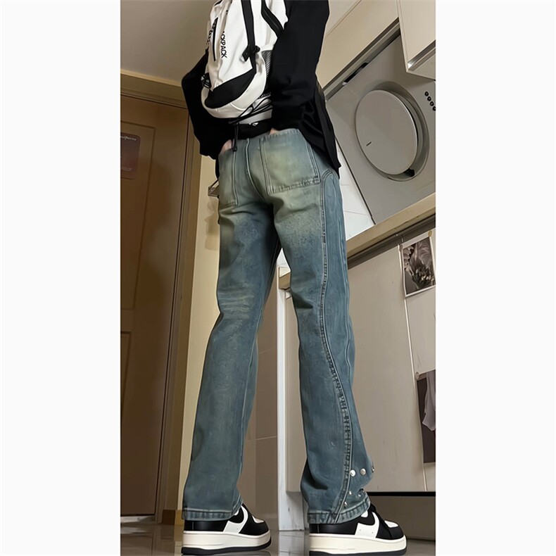 美式机能复古蓝牛仔裤微喇裤纽扣拼接牛仔裤K2402P60,男装牛仔裤,电商A062