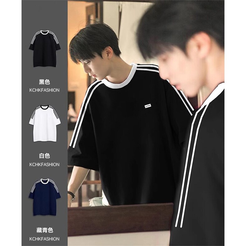 抖音得物品质夏季美式高街纯棉三条杠织带男女短袖T恤ZD588特25,男装T恤,电商A486-1
