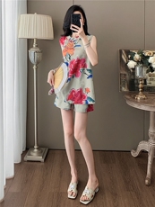 巨好看气质减龄新中式套装女夏款立领盘扣印花上衣短裤两件套，女装套装/套裙，江南