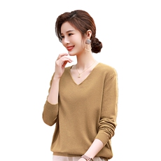 时尚V领纯色针织衫修身显瘦长袖针织毛衣，女装针织衫/毛衣，梦芯尔