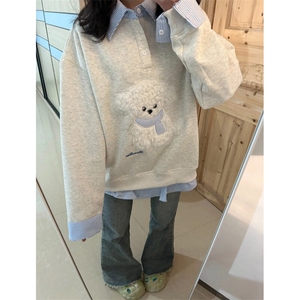 网图现货~学院风可爱毛绒小狗假两件POLO领卫衣男女长袖上衣WB652图片