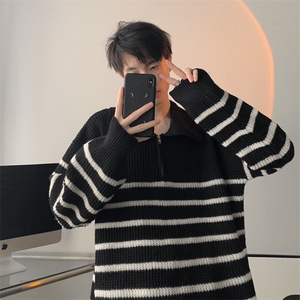 秋款男针织衫POLO领拉链毛衣条纹拼色打底外套M03 P55图片