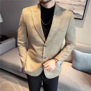 羊毛老钱风加厚格纹西装外套男高级感格子西服咖啡色DX7036-P168图片