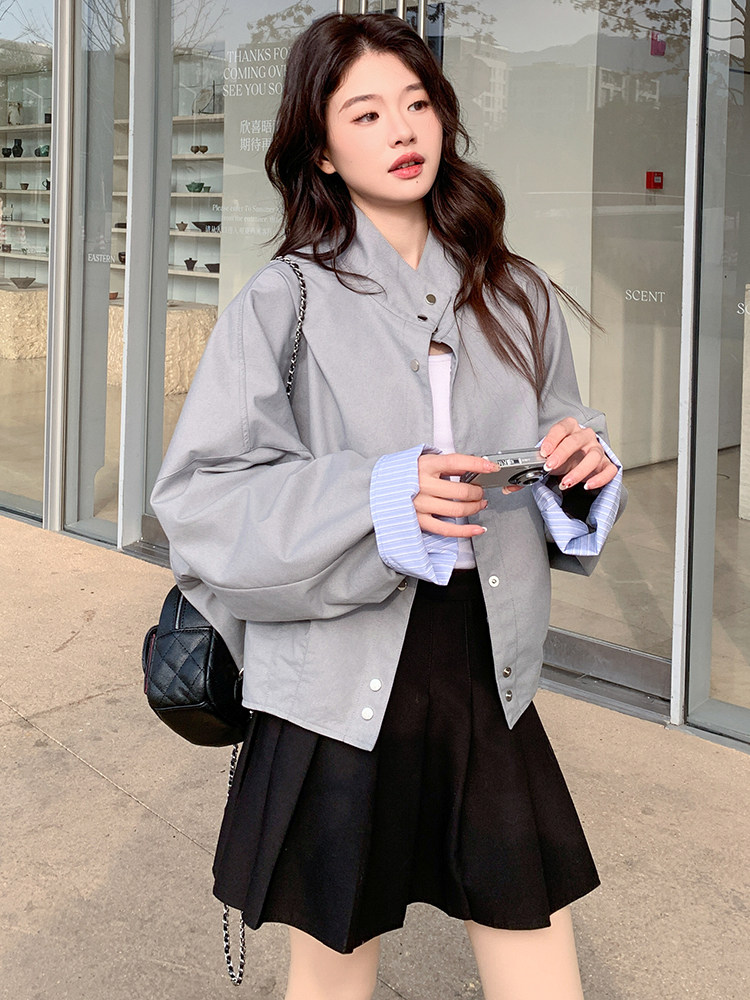 立领休闲短外套女小个子2025春季新款韩系设计感宽松百搭夹克上衣,女装短外套,辉之琳