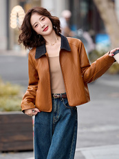 2025冬季女装新款大量现货时尚拼接翻领港风皮衣外套，女装皮衣，衣之秀