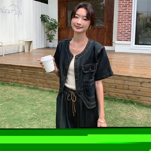 时尚复古牛仔套装女夏季2024新款短外套阔腿裤气质显瘦休闲两件套图片