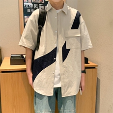 24年港风夏款工装拼接宽松短袖衬衫男CS115P40，男装衬衫，星座1204-3