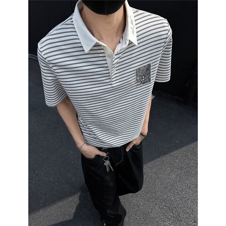 25夏新男高品质风条纹刺绣polo短袖T黑墙705-1-T003-P48无差价,男装Polo衫,星座705-1