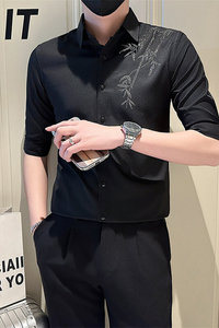 店主风社会小伙男烫砖高级感七分袖衬衫男衬衣301A-1/CS564/P55图片