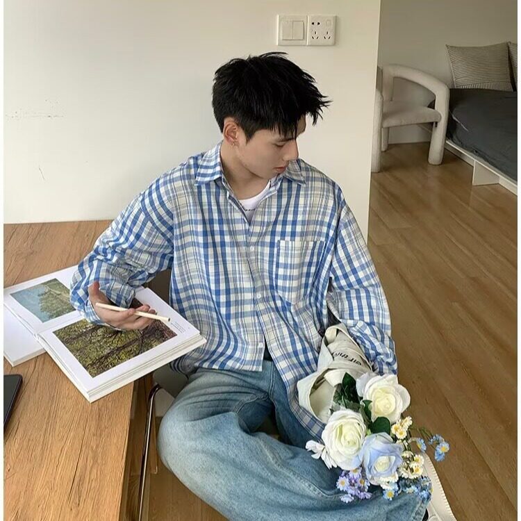 K411-P36格子衬衫男长袖衬衣帅气百搭潮流2025春秋季帅气港风,男装衬衫,电商B323A