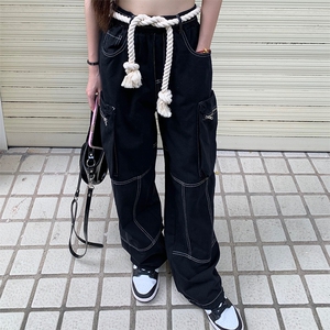粉色工装裤女多巴胺男女夏季美式辣妹宽松直筒阔腿裤子薄-L3717图片