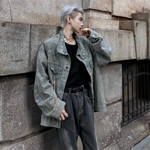 （自家图）机车风重工牛仔宽松破洞水洗立领夹克外套2500-P90图片