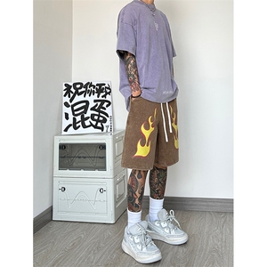 港风 纯棉320G重磅水洗做旧印花短裤A014-DY2375-P50控68图片