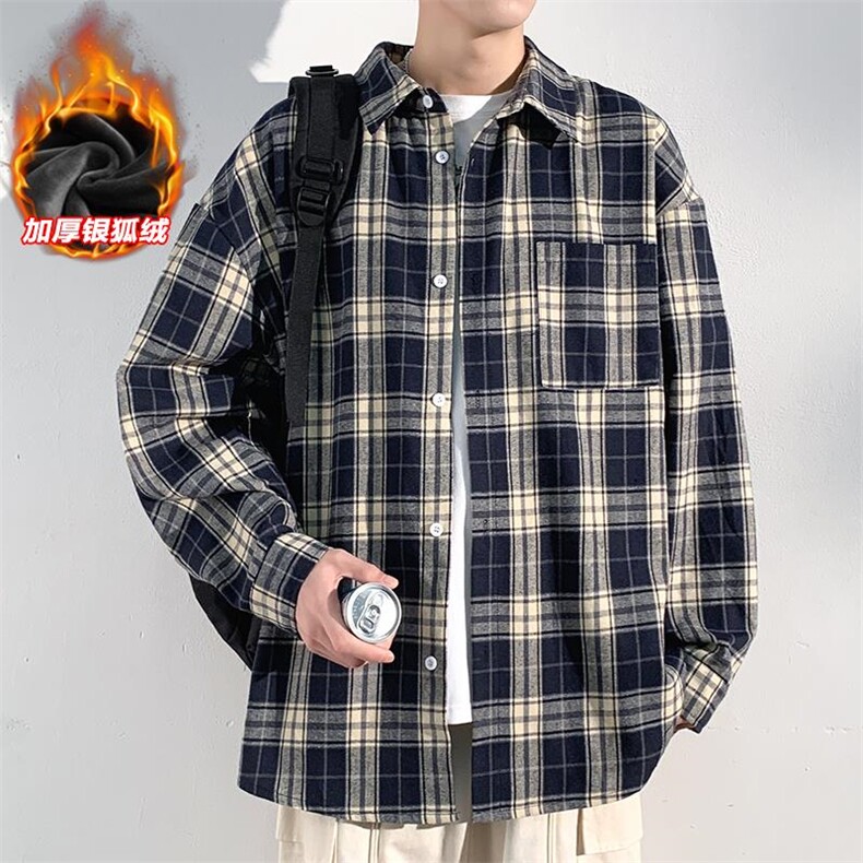 加厚银狐绒格子翻领长袖衬衫男潮流宽松衬衣C5450J加绒-特P38控68图片