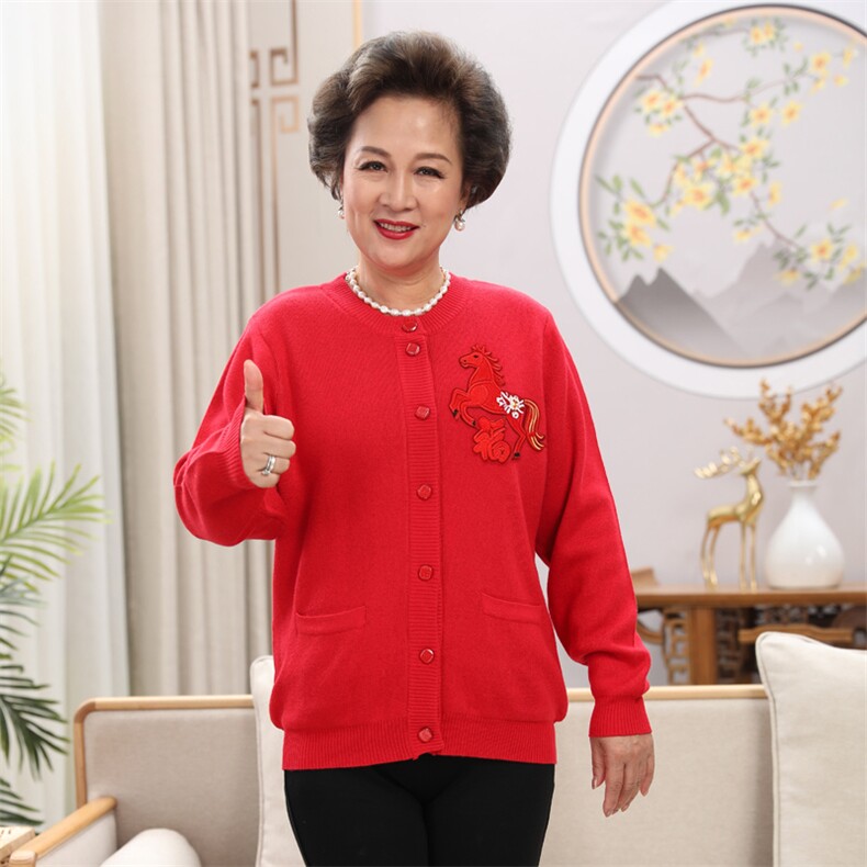 新春马年中老年情侣小马装加绒加厚开衫针织外套喜庆红色,针织衫/毛衣,亚东羊绒制品