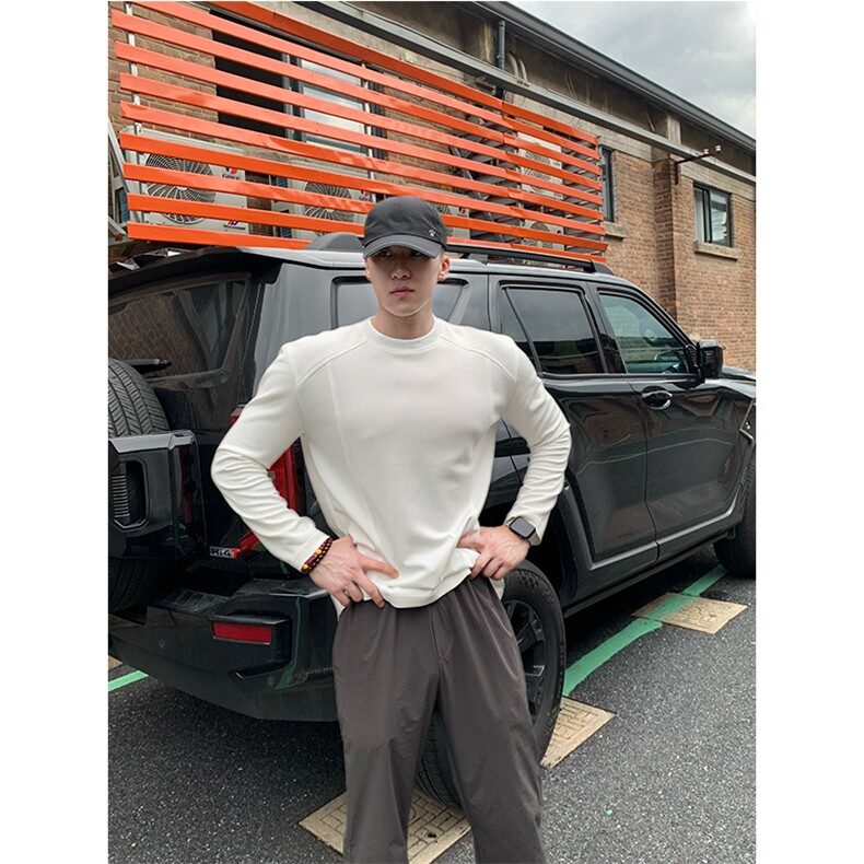 抖音得物品质美式高街重磅曼巴棉结构硬阔boxy版潮牌卫衣长袖T恤,男装T恤,电商A486