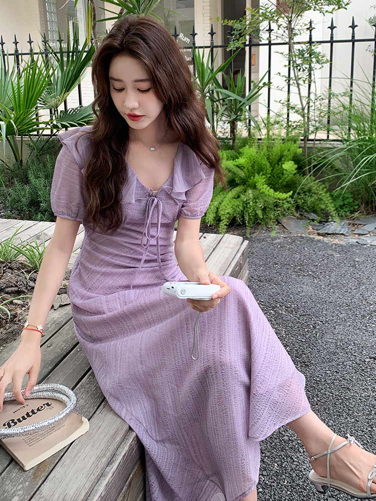 气质长款V领荷叶边温柔连衣裙女夏季2025文艺日系绝美高级感长裙,女装连衣裙,浙宝305