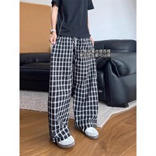 美式高街潮牌男女泡泡格子休闲裤直筒宽松慵懒显瘦阔腿休闲长裤子，男装休闲裤，电商A443