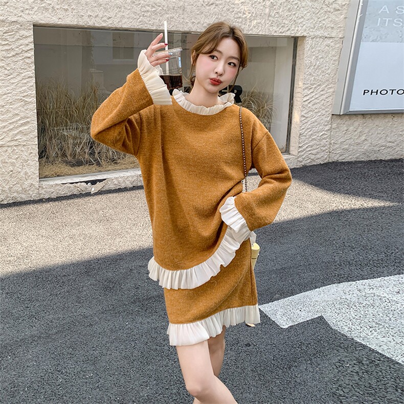 小香风针织木耳边拼接套装裙女春秋2025新款小个子两件套超火流行,女装套装/套裙,2C262