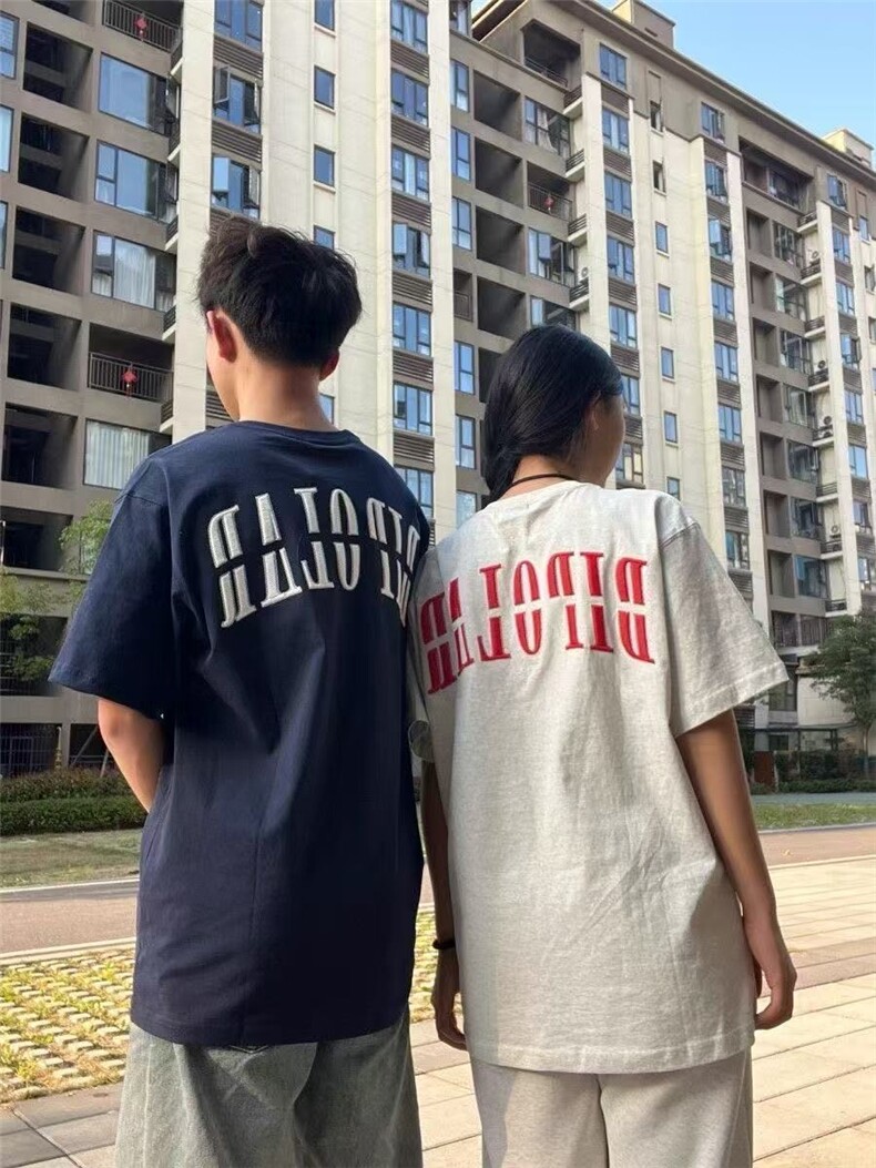 H0639-P35前后刺绣拉肩休闲宽松T恤男女同款4色全棉,男装T恤,星座617A-2