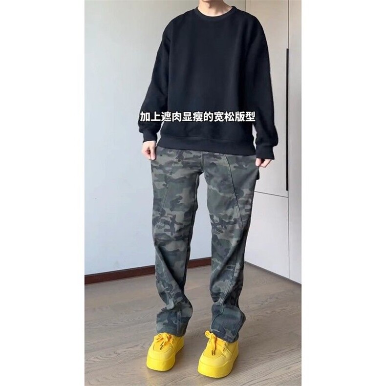 迷彩加绒加厚牛仔裤男冬美式复古vibe伐木裤子显瘦直筒弯刀微喇裤,男装牛仔裤,四季星座505