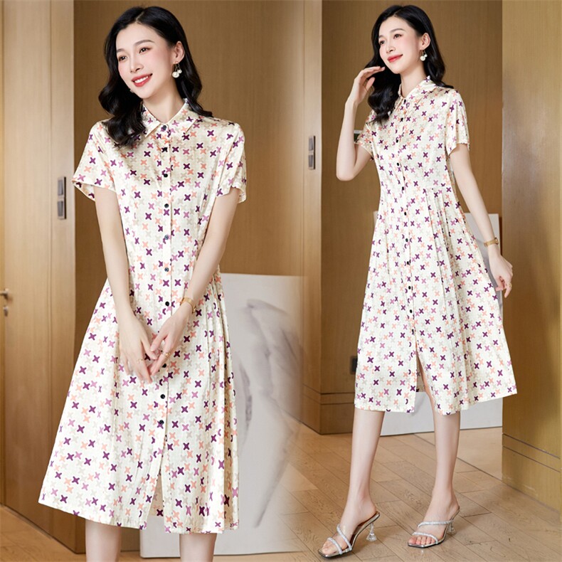 杭州重磅真丝桑蚕丝连衣裙女高端大牌2025新款夏季碎花妈妈衬衫裙,女装连衣裙,阿舍尔精品