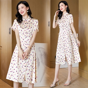 杭州重磅真丝桑蚕丝连衣裙女高端大牌2025新款夏季碎花妈妈衬衫裙图片