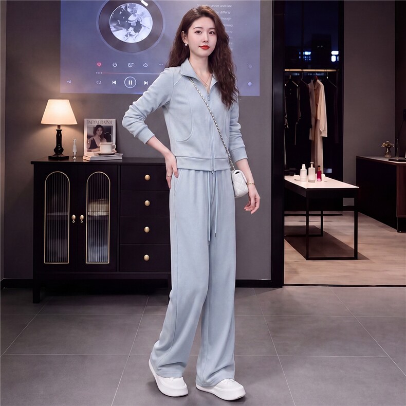 高级感时尚休闲运动服套装女春秋新款立领长袖卫衣阔腿长裤两件套,女装套装/套裙,江南