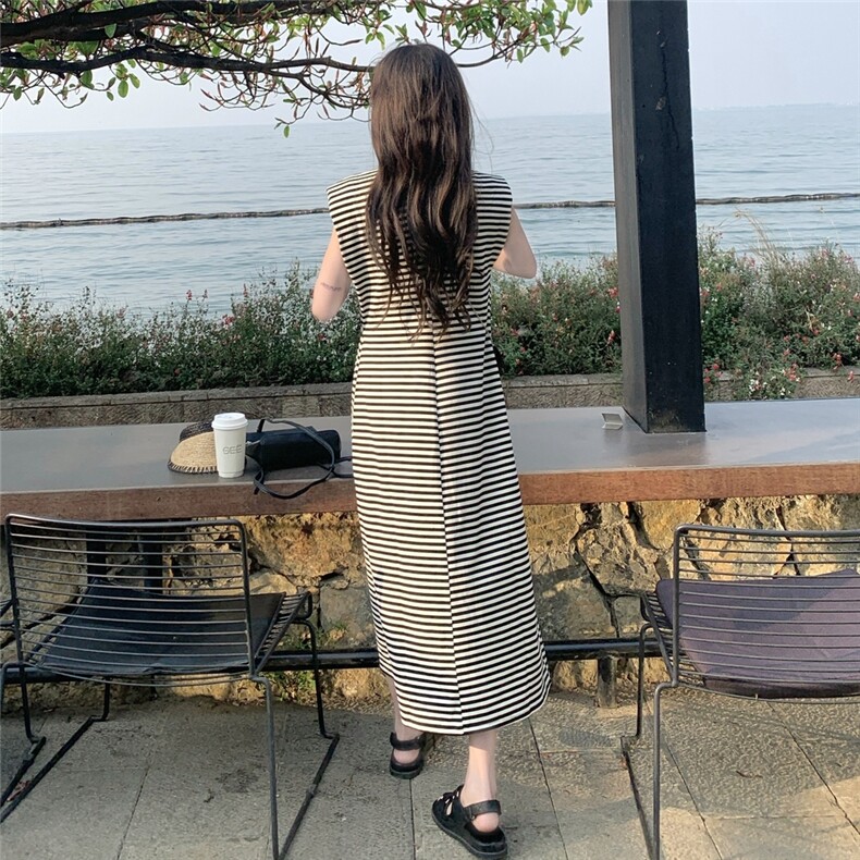 【新款，现货】条纹带包包中长款连衣裙1C042-P125-K195,女装连衣裙,安在秀