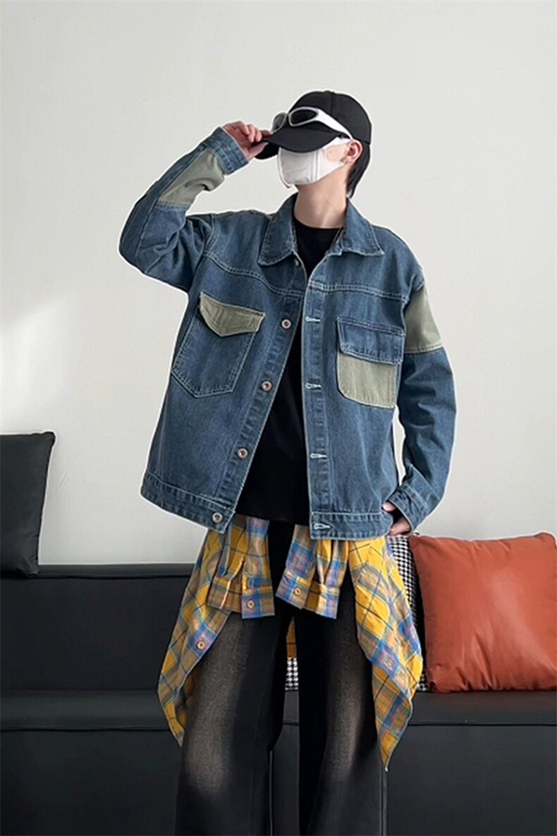 中性休闲大码宽松男女潮流拼接牛仔外套夹克J8212-P63【特价】,男装工装外套,电商A007