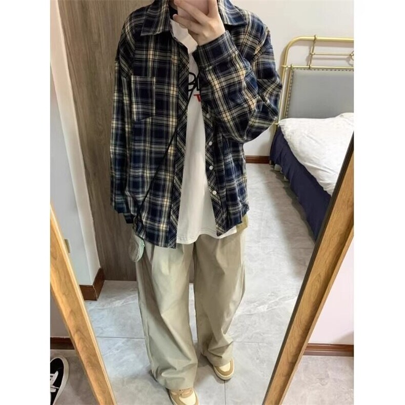 D8876-P50美式复古格子衬衫男女外套春秋季设计感衬衣-网图现货,男装衬衫,星座603-2