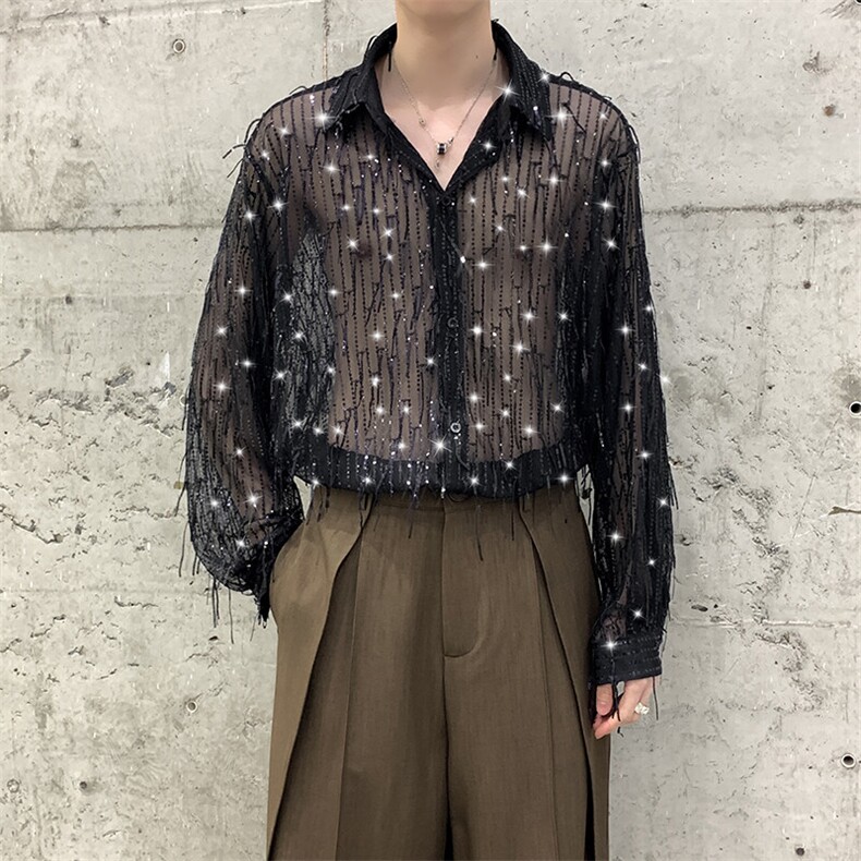 舞台演出明星同款亮片坠感流苏衬衫痞帅男女长袖衬衫外套演出服,男装衬衫,星座909