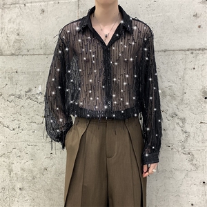 舞台演出明星同款亮片坠感流苏衬衫痞帅男女长袖衬衫外套演出服图片