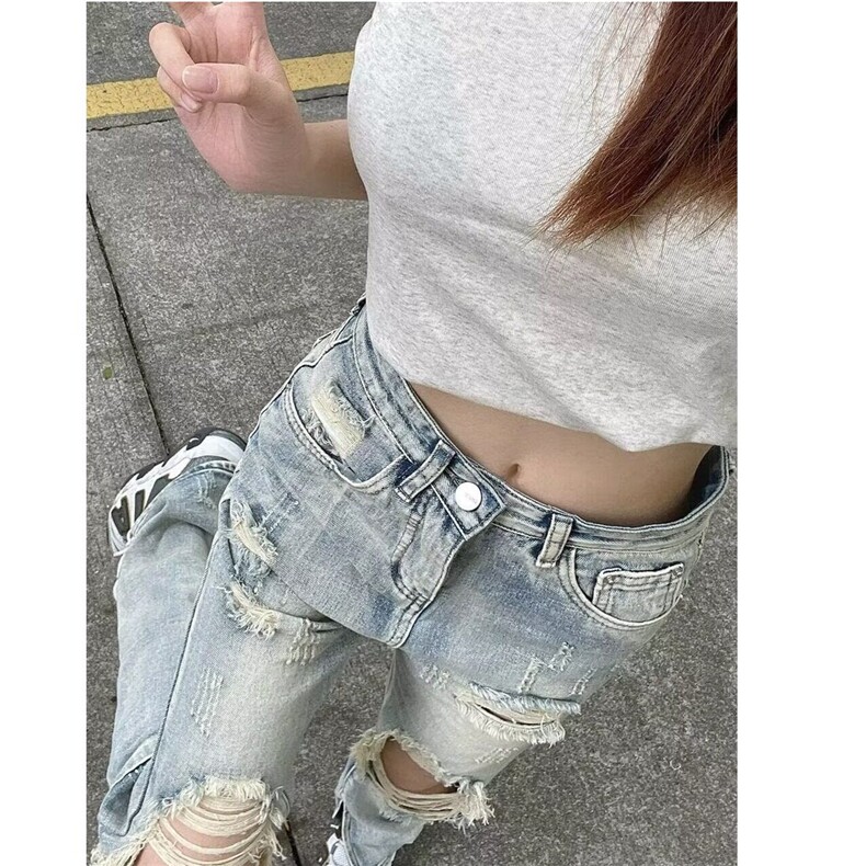 美式破洞牛仔裤女新款夏季高腰修身裤子高街开叉直筒WLG8802-P45图片