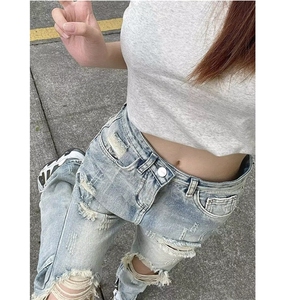 美式破洞牛仔裤女新款夏季高腰修身裤子高街开叉直筒WLG8802-P45图片