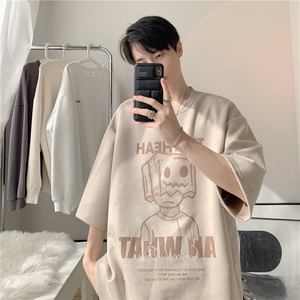 wassup happy重磅麂皮绒短袖t恤男夏季美式宽松体恤潮牌百搭半袖图片