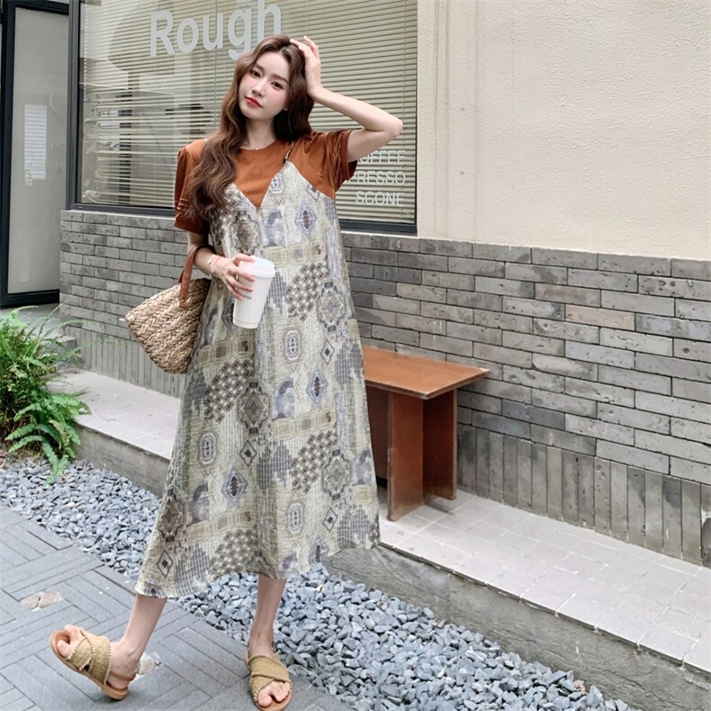 韩版印花拼接假两件连衣裙女2025夏季新款时尚独特显瘦小众长裙子,女装连衣裙,2C198