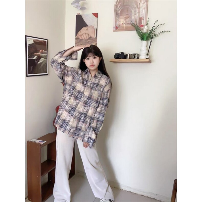 2025新款美式复古格子衬衫女宽松百搭休闲开衫长袖翻领衬衣外套潮,男装衬衫,星座506A