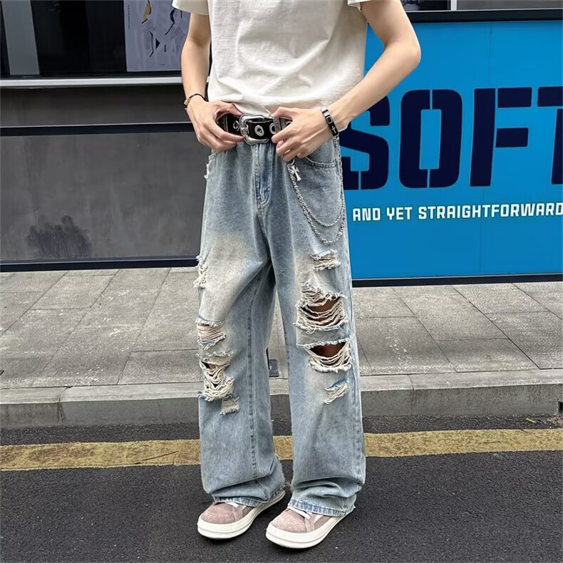 水洗破洞牛仔裤男潮牌宽松直筒微喇休闲裤子潮4125P45,男装牛仔裤,星座410-2