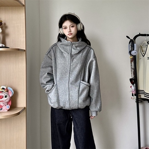 抖音得物高品质秋冬美式高街重磅结构辑明线纹理连帽卫衣外套W111图片