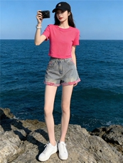 韩版休闲时尚套装女夏新款玫红色圆领短袖上衣破洞牛仔短裤两件套，女装套装/套裙，江南